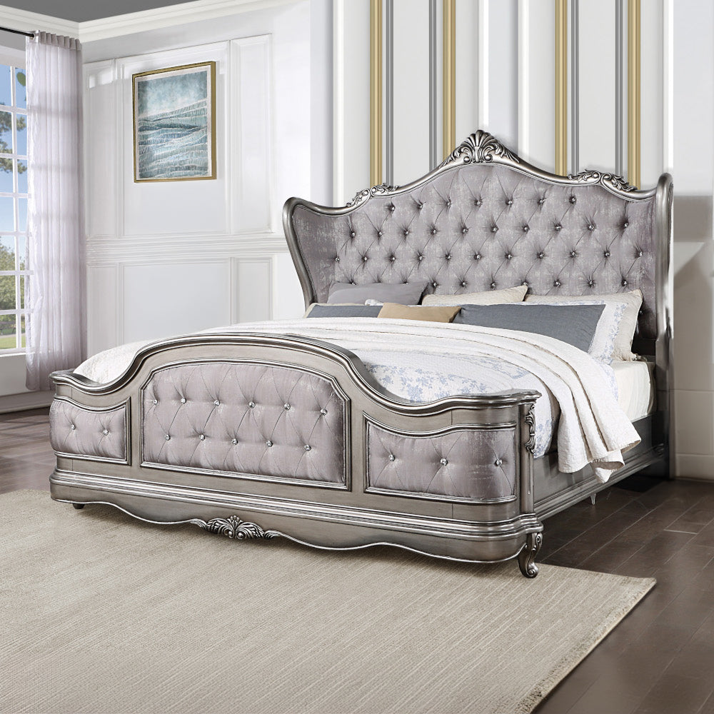 Scalera Queen Antique Platinum Velvet Platform Bed – Rococo Style Crystal Button Tufted Headboard