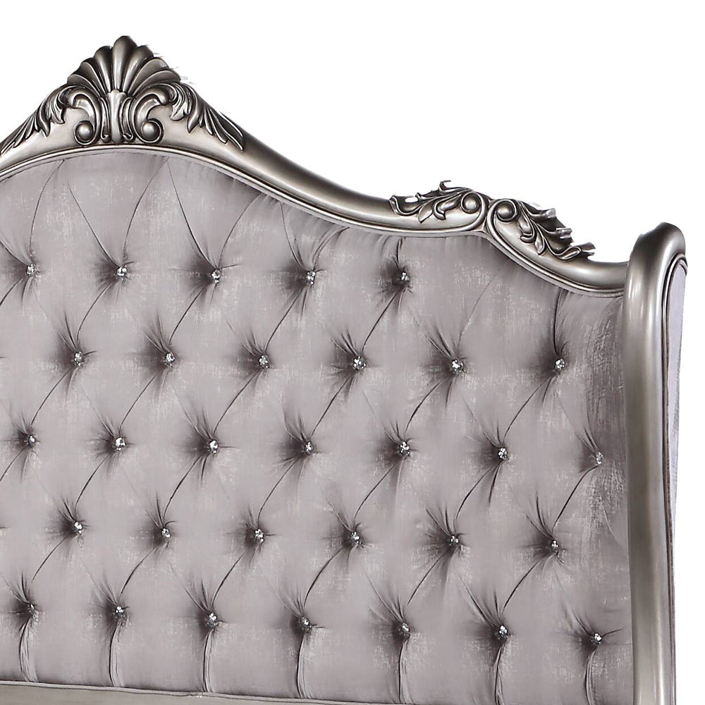 Scalera Queen Antique Platinum Velvet Platform Bed – Rococo Style Crystal Button Tufted Headboard