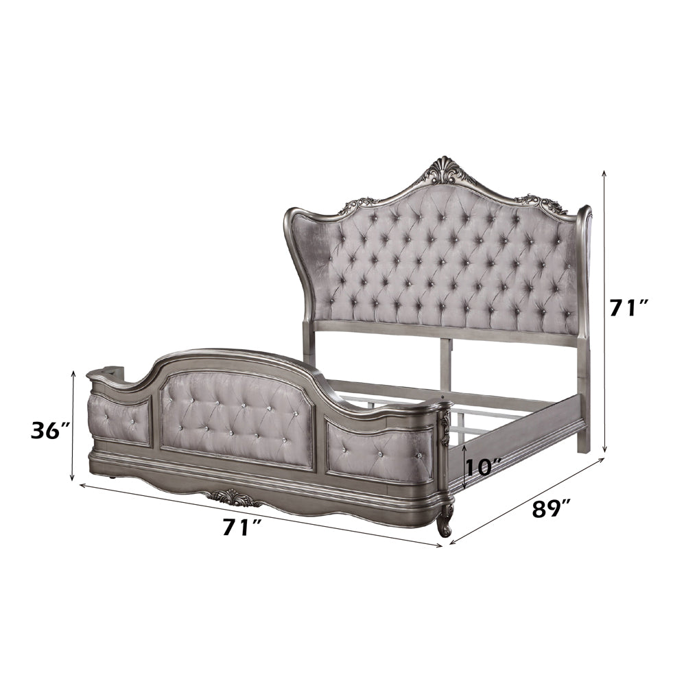 Scalera Queen Antique Platinum Velvet Platform Bed – Rococo Style Crystal Button Tufted Headboard