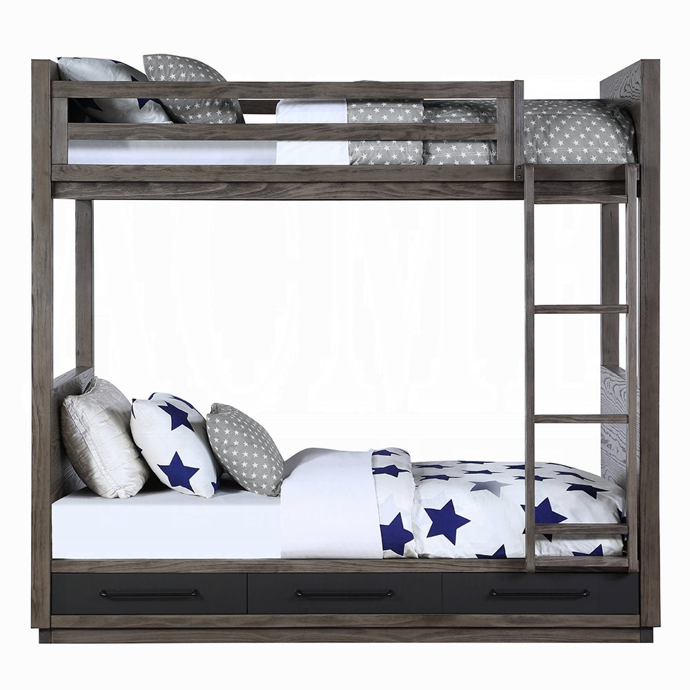 Corinne Estevon Twin/Twin Gray Oak Bunk Bed – Space-Saving Storage & Safety Ladder