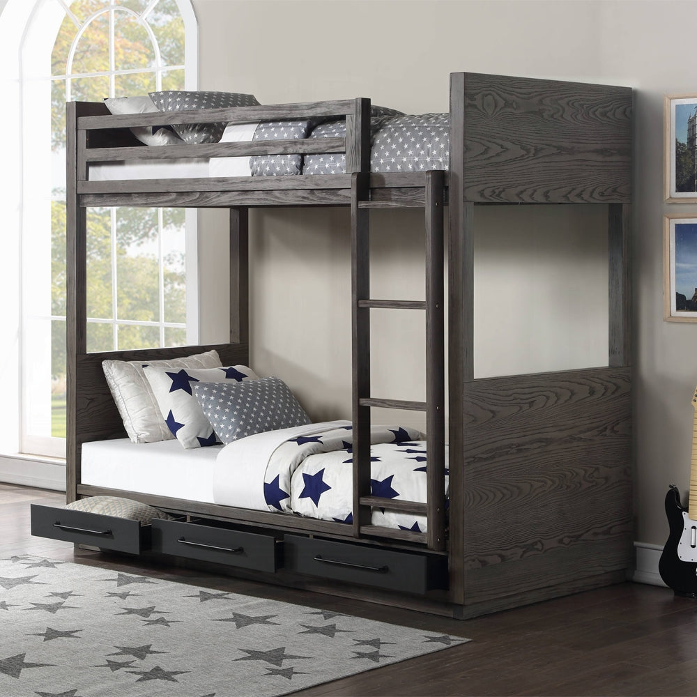 Corinne Estevon Twin/Twin Gray Oak Bunk Bed – Space-Saving Storage & Safety Ladder