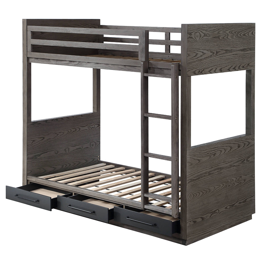 Corinne Estevon Twin/Twin Gray Oak Bunk Bed Space-Saving Storage & Safety Ladder