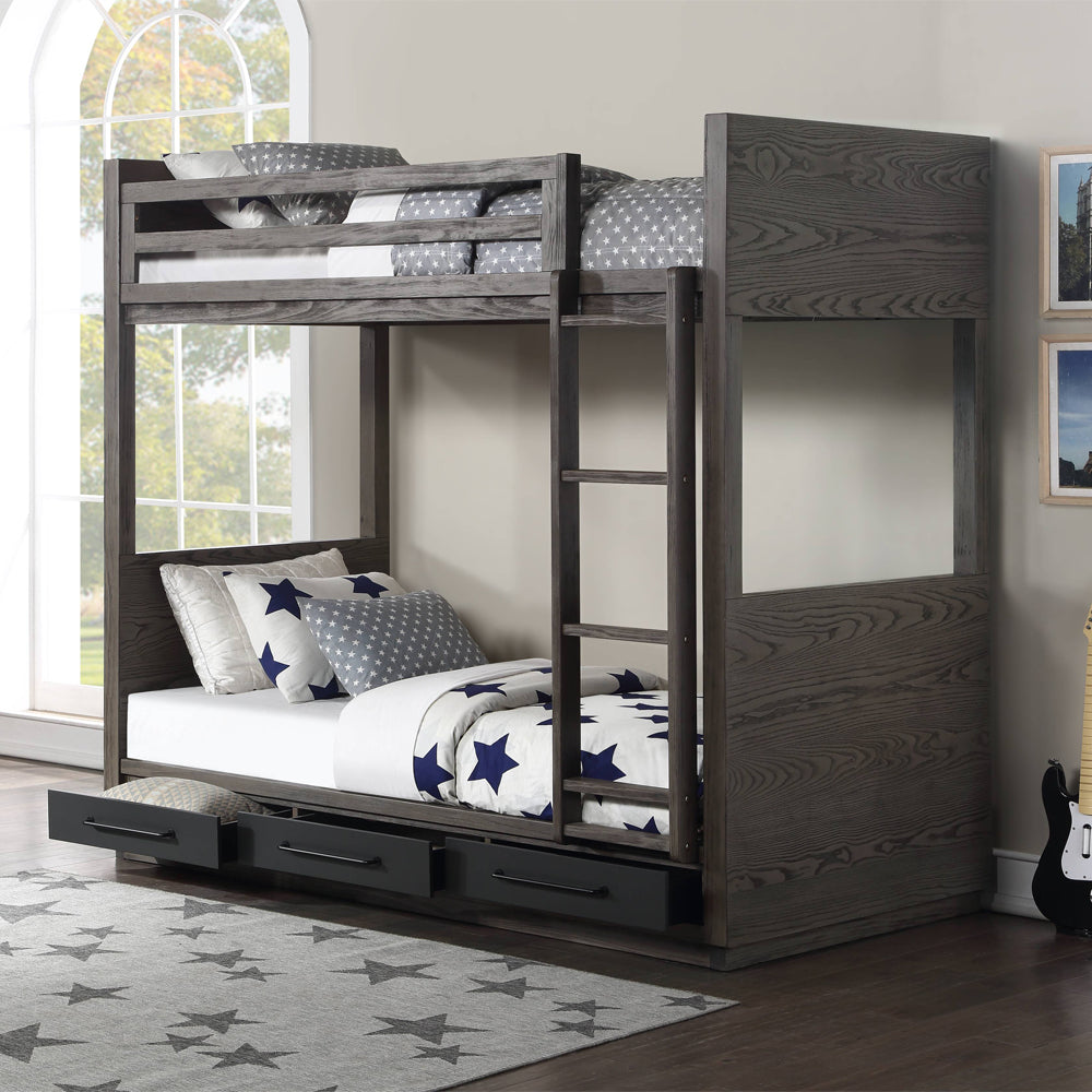 Corinne Estevon Twin/Twin Gray Oak Bunk Bed Space-Saving Storage & Safety Ladder