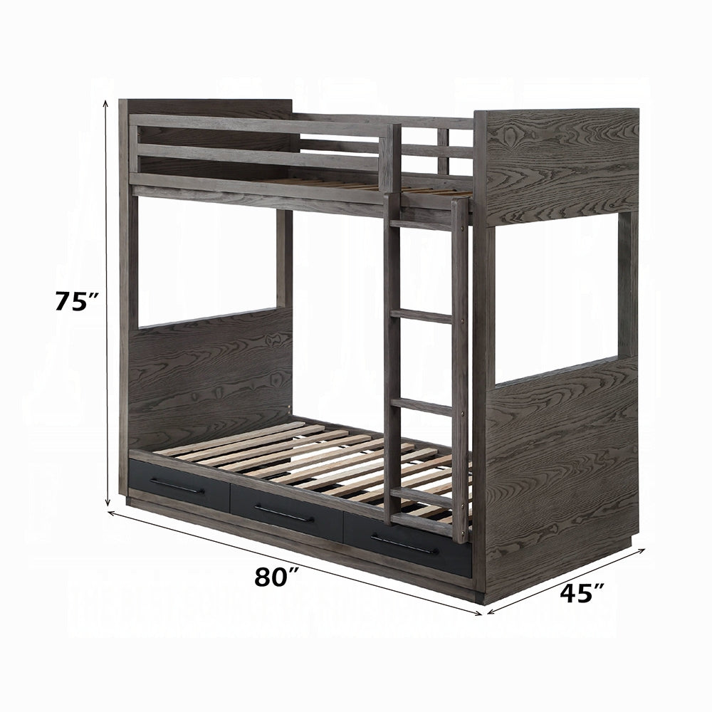 Corinne Estevon Twin/Twin Gray Oak Bunk Bed Space-Saving Storage & Safety Ladder