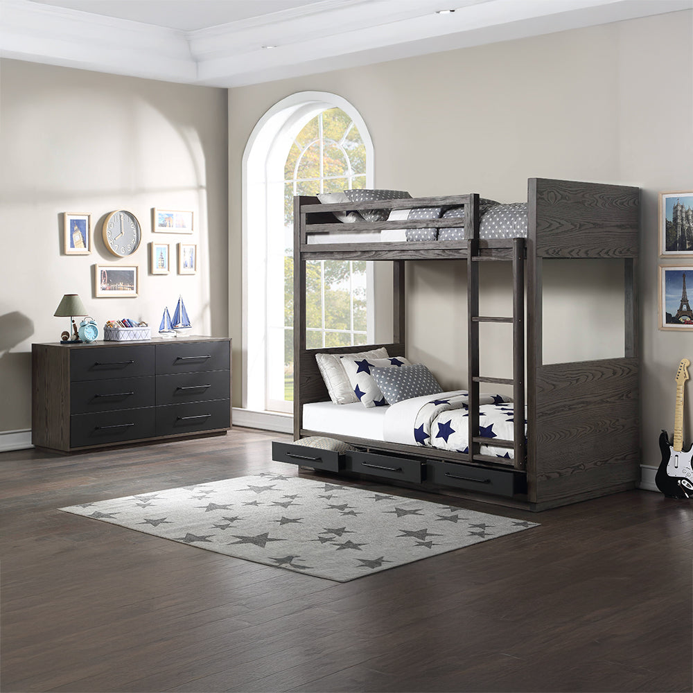 Corinne Estevon Twin/Twin Gray Oak Bunk Bed Space-Saving Storage & Safety Ladder