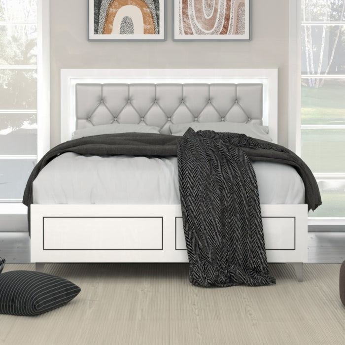 Syura Casilda Queen Gray Synthetic Leather Bed – Modern White Finish w/ LED Lighting