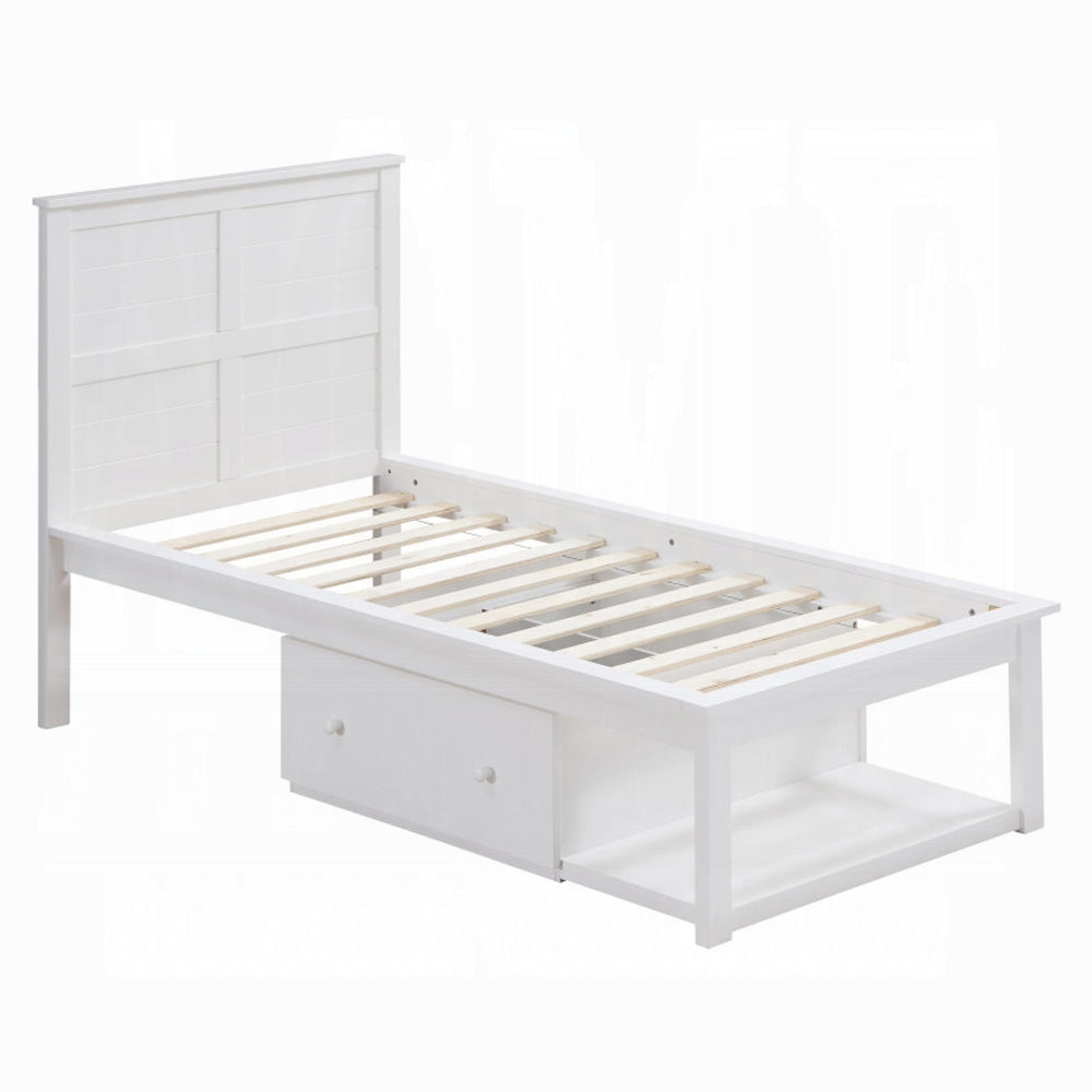 Kenji Iolanda Twin White Storage Platform Bed – Space-Saving Design with 2 Drawers & Open Footboard Storage