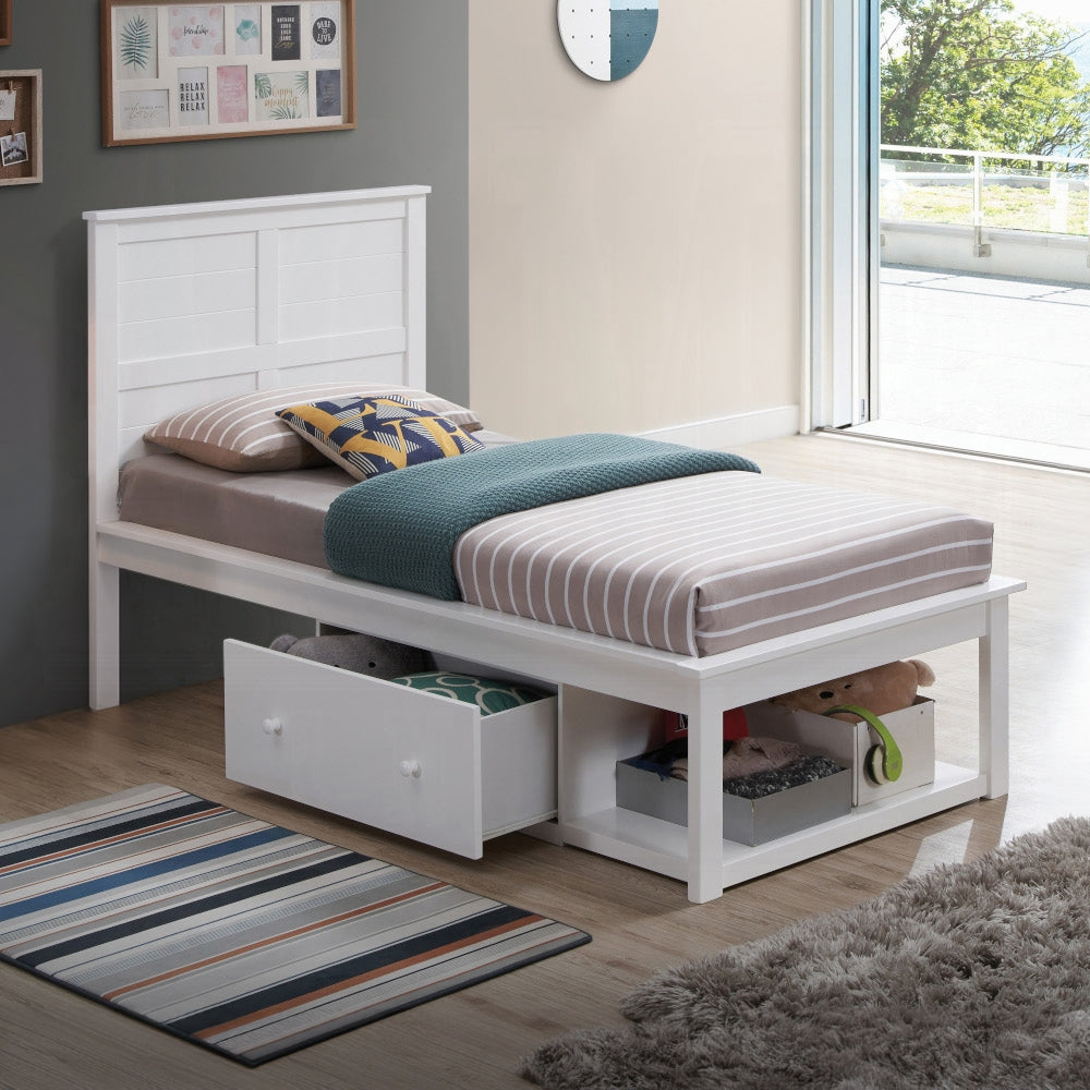 Kenji Iolanda Twin White Storage Platform Bed – Space-Saving Design with 2 Drawers & Open Footboard Storage