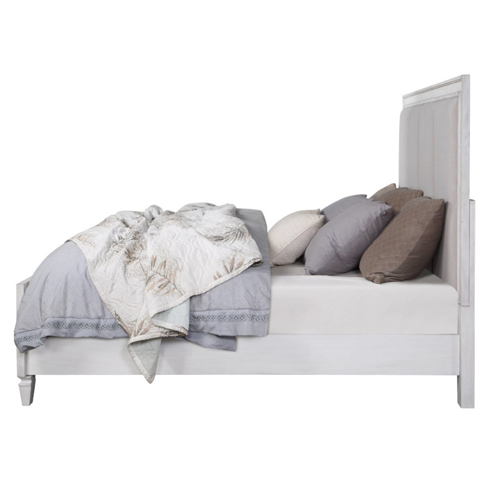 Katia Eastern King Bed, Light Gray Linen, Rustic Gray & Weathered White Finish