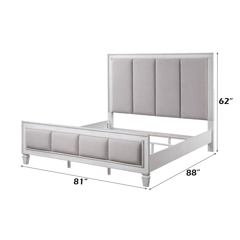 Katia Eastern King Bed, Light Gray Linen, Rustic Gray & Weathered White Finish