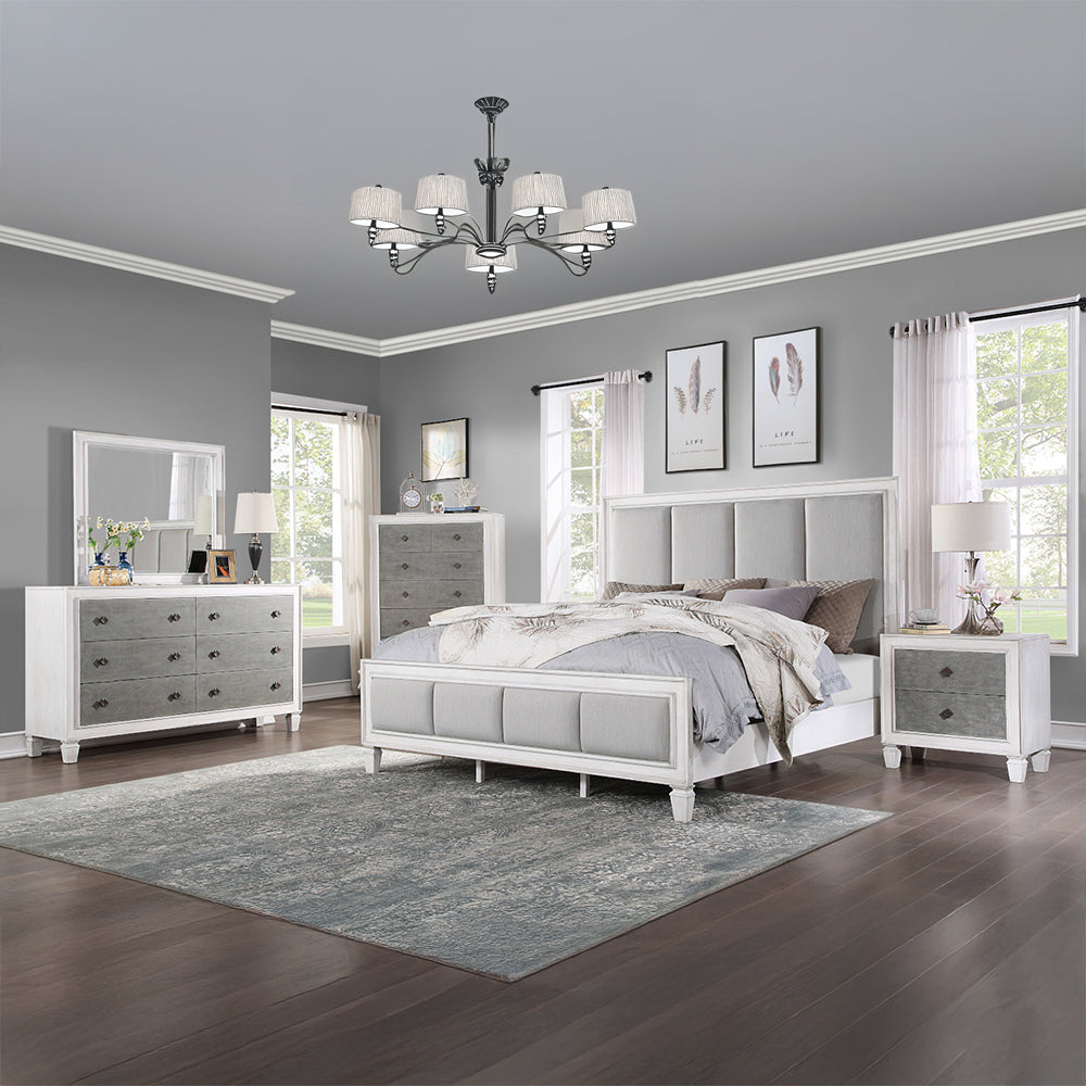 Katia Eastern King Bed, Light Gray Linen, Rustic Gray & Weathered White Finish