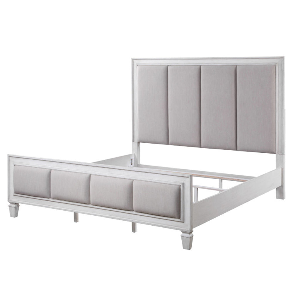Katia Queen Bed, Light Gray Linen, Rustic Gray & Weathered White Finish