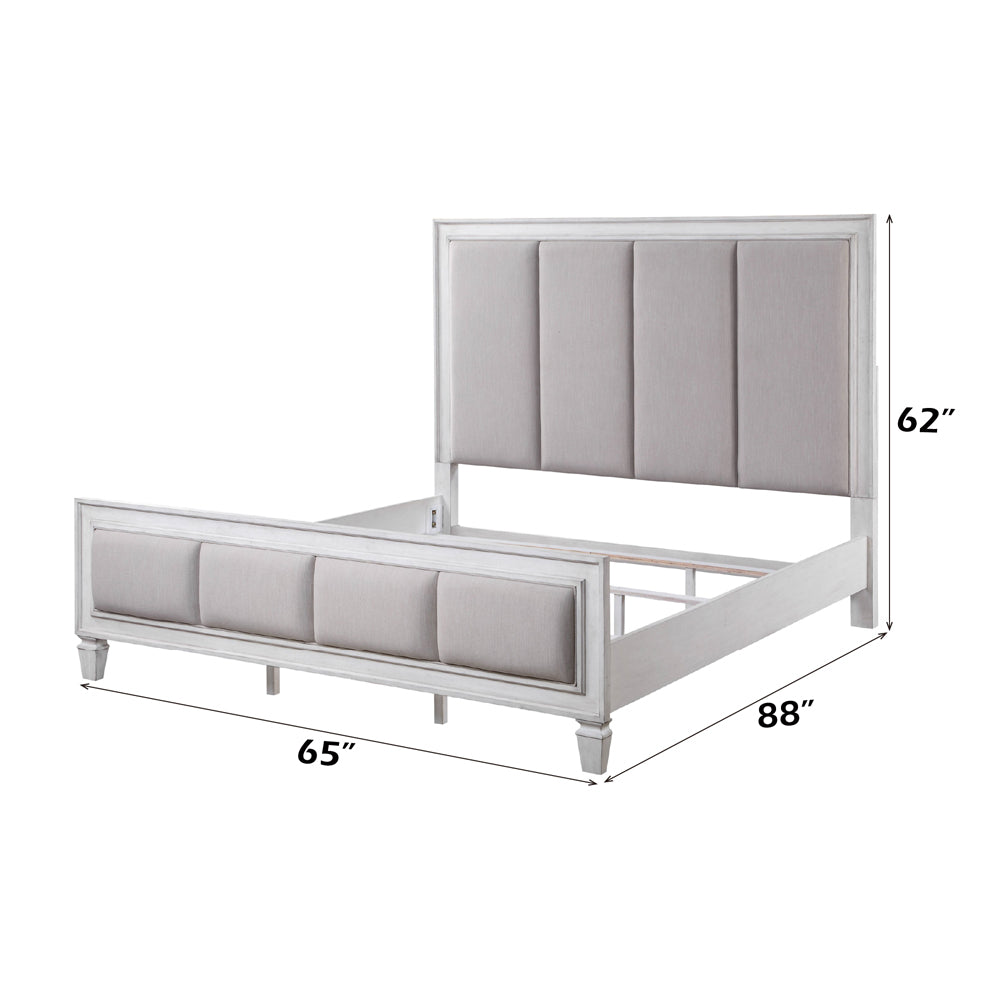 Katia Queen Bed, Light Gray Linen, Rustic Gray & Weathered White Finish