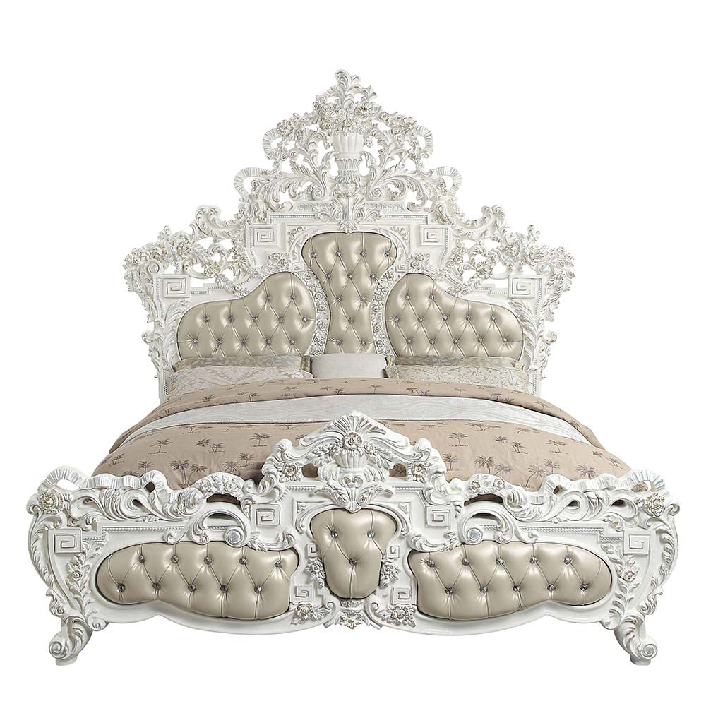 Vanaheim Eastern King Bed, Beige Synthetic Leather & Antique White Finish