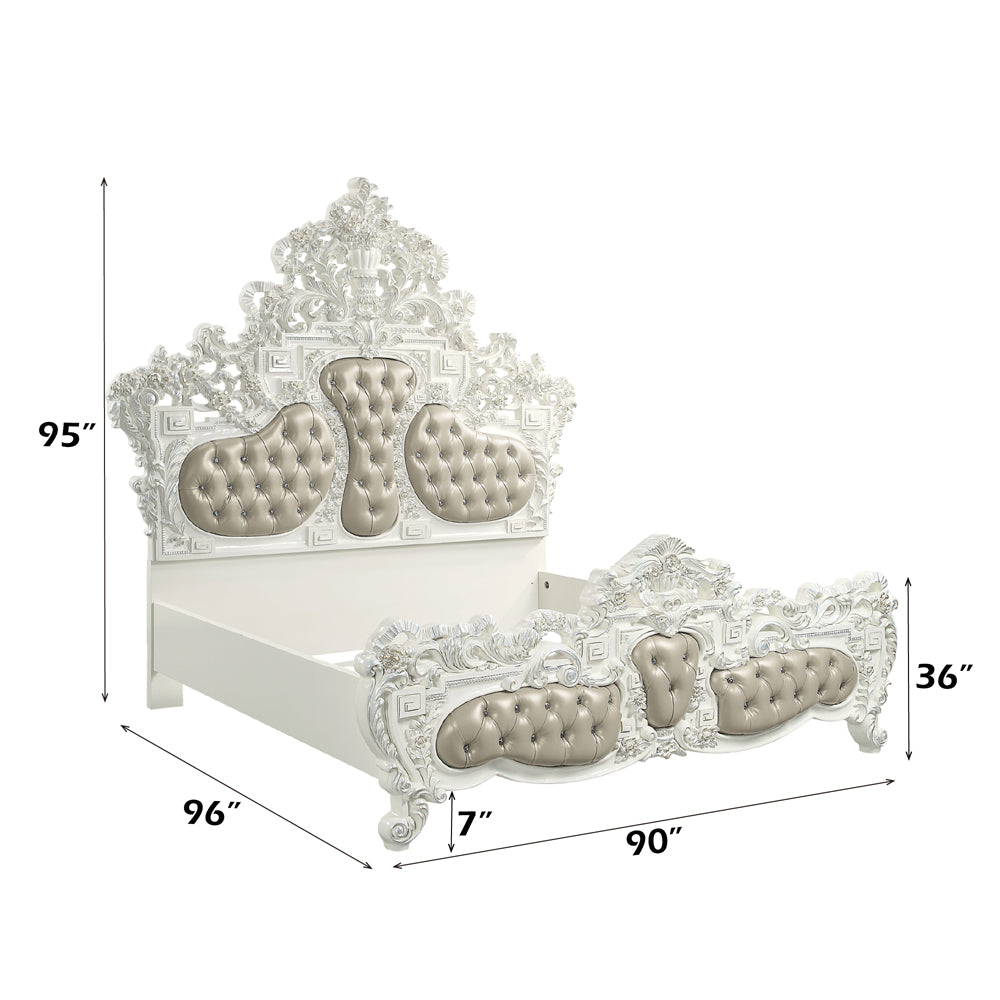 Vanaheim Eastern King Bed, Beige Synthetic Leather & Antique White Finish