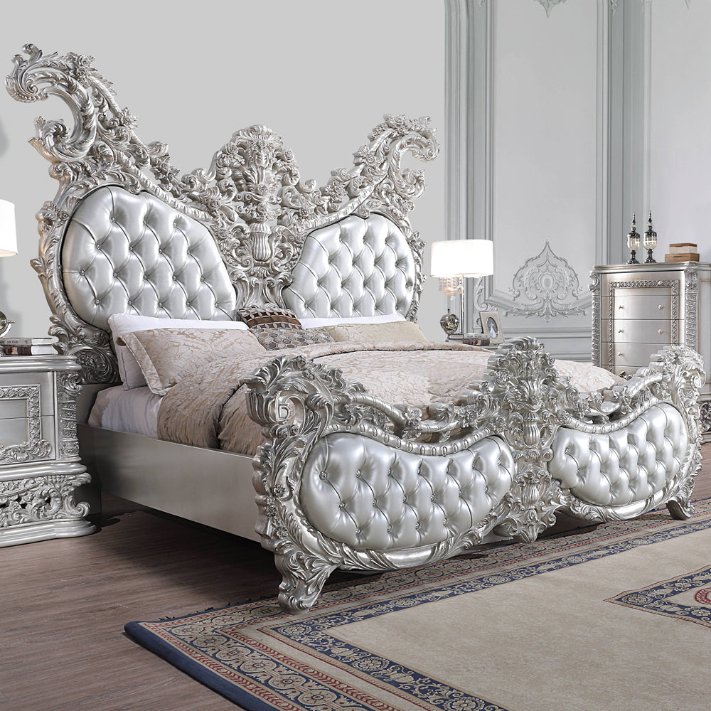 Valkyrie Eastern King Bed, Synthetic Leather, Antique Platinum Finish