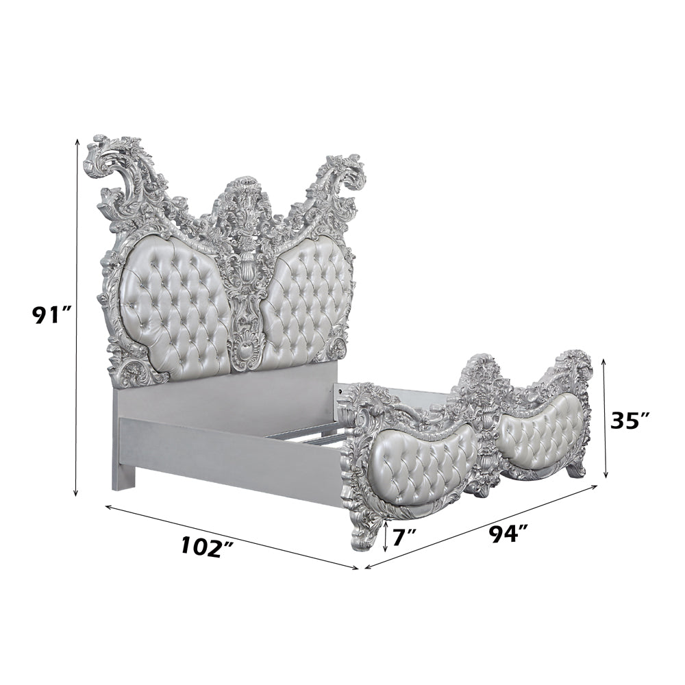 Valkyrie Eastern King Bed, Synthetic Leather, Antique Platinum Finish