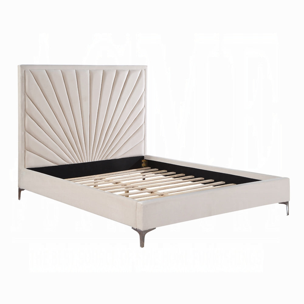 Sumit Faiz Queen Upholstered Bed – Beige Velvet with Gold Metal Base