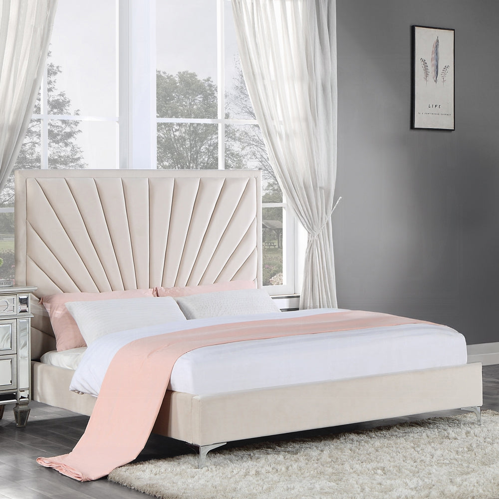 Sumit Faiz Queen Upholstered Bed – Beige Velvet with Gold Metal Base