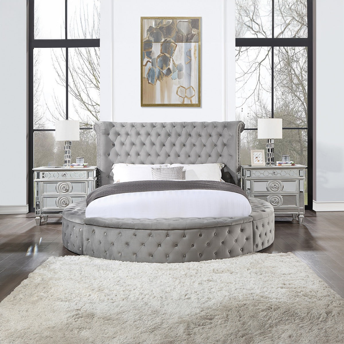 Charly Gaiva Eastern King Gray Velvet Platform Storage Bed – Contemporary Button-Tufted Headboard