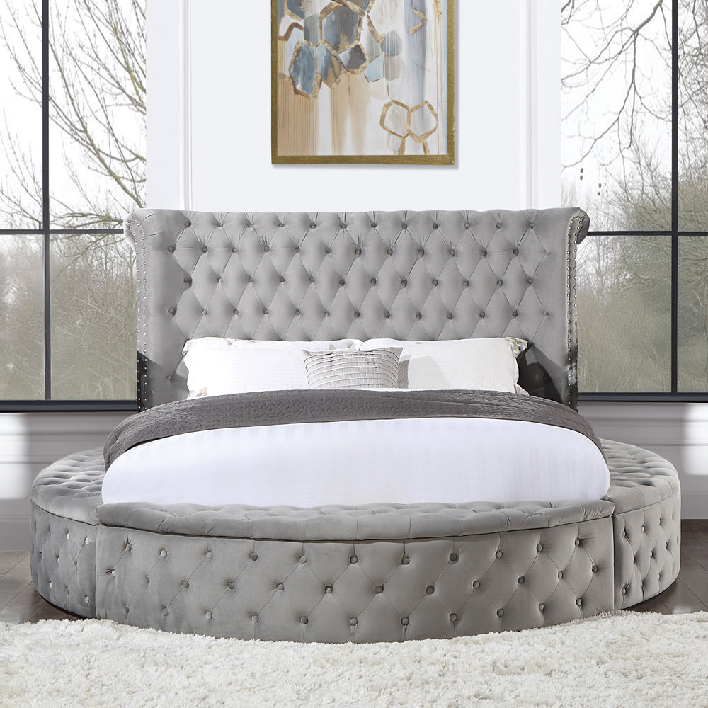 Adele Gaiva Contemporary Queen Gray Velvet Storage Bed – Modern Tufted Platform with Built-In Drawers