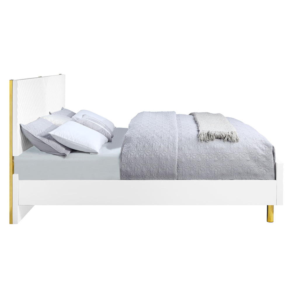 Reese Gaines Eastern King White Wood Panel Bed Design with Wave Pattern and Metal Accents