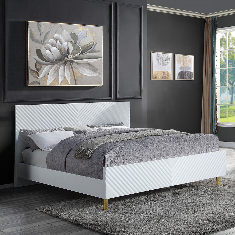Reese Gaines Eastern King White Wood Panel Bed Design with Wave Pattern and Metal Accents