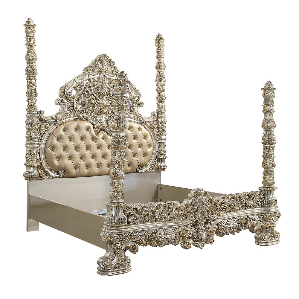 Victorian Danae Eastern King Champagne Gold Leather Bed – Glam Style with Tufted Headboard