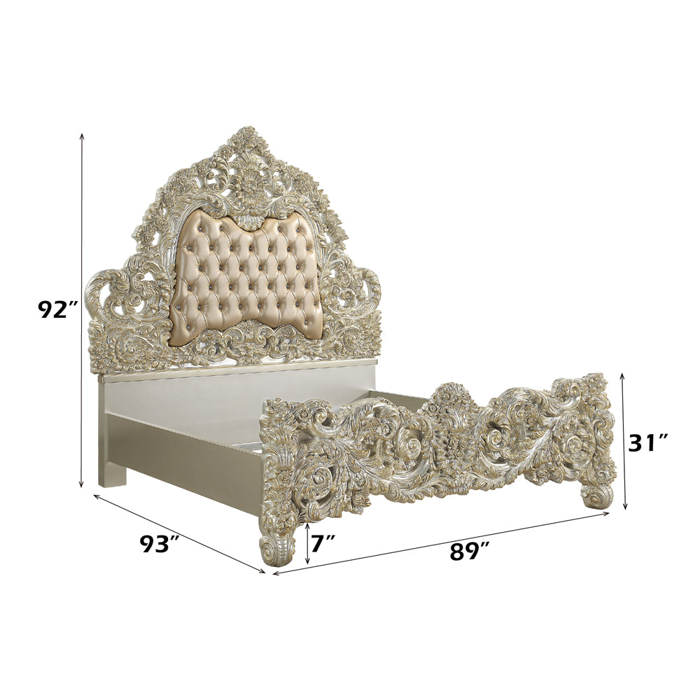 Sorina Eastern King Bed, Synthetic Leather & Antique Gold Finish