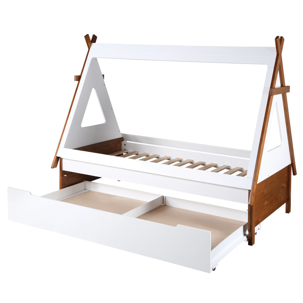 Diya Loreen Twin Two-Tone Oak White Wood Bed Adventure Tent Style Kids Platform Bed