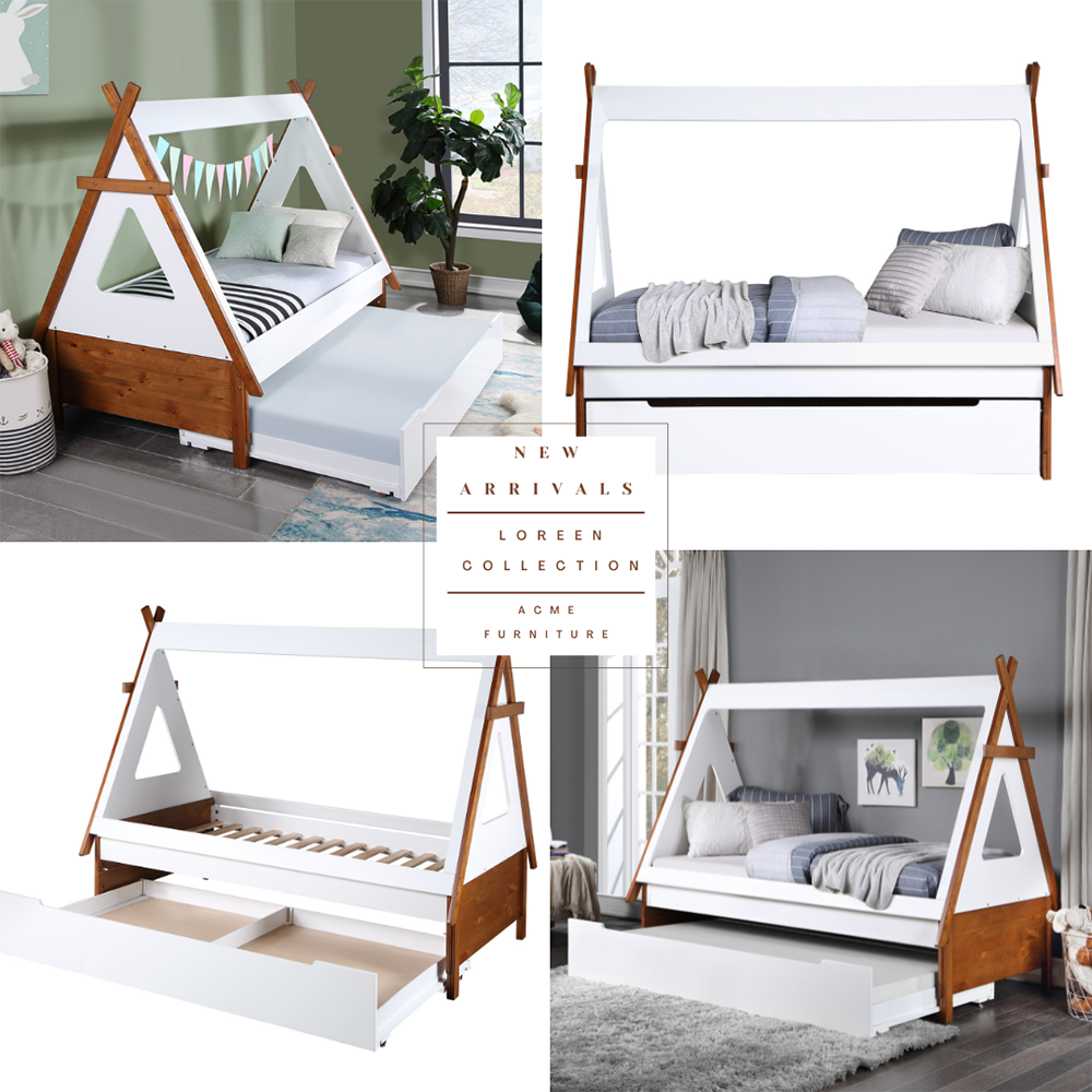 Diya Loreen Twin Two-Tone Oak White Wood Bed Adventure Tent Style Kids Platform Bed