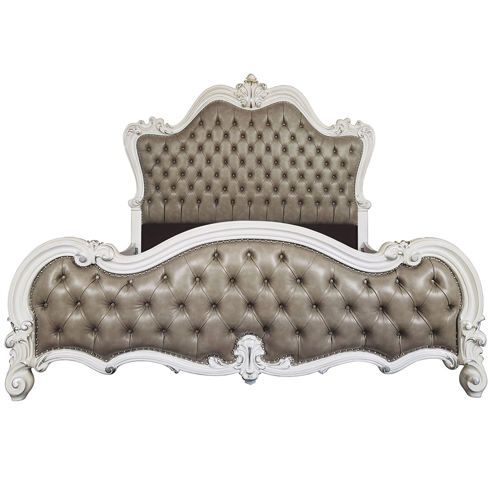 Pitambari Versailles II Queen Bed in Antique Finish – Ornate Carved Wood & Tufted Upholstery