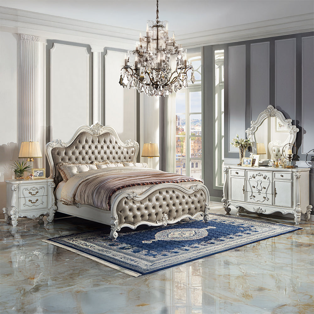 Pitambari Versailles II Queen Bed in Antique Finish – Ornate Carved Wood & Tufted Upholstery