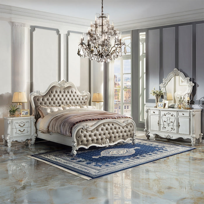 Pitambari Versailles II Queen Bed in Antique Finish – Ornate Carved Wood & Tufted Upholstery