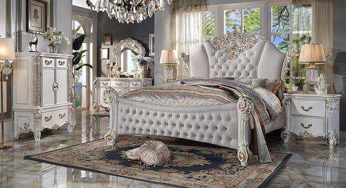 Rococo Vendome Eastern King Ivory Fabric Bed – Antique Pearl Finish, Carved Accents