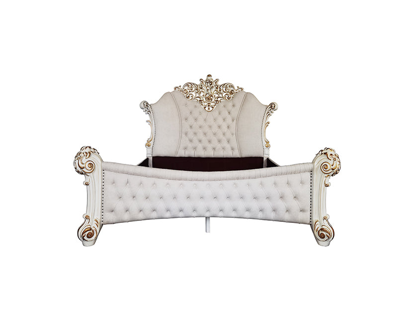 Rococo Vendome Eastern King Ivory Fabric Bed – Antique Pearl Finish, Carved Accents