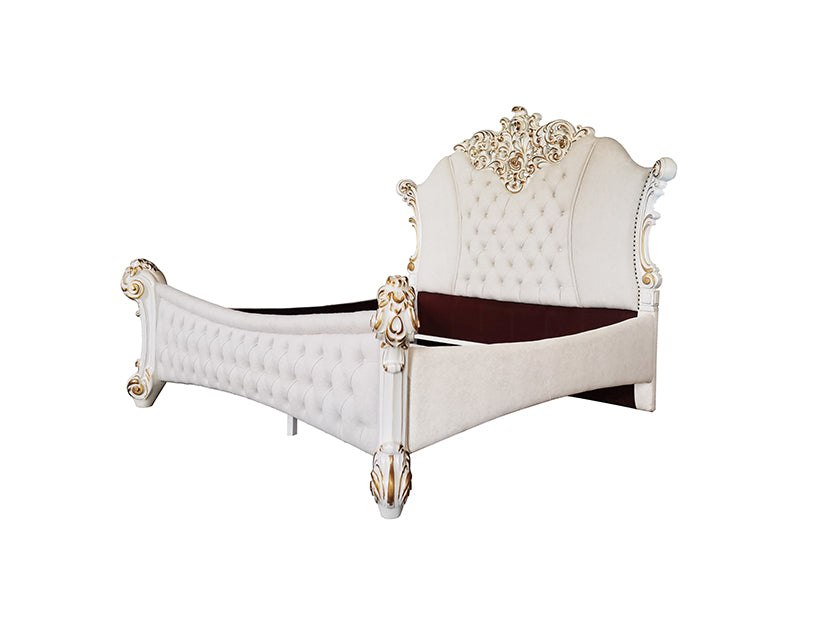 Rococo Vendome Eastern King Ivory Fabric Bed – Antique Pearl Finish, Carved Accents