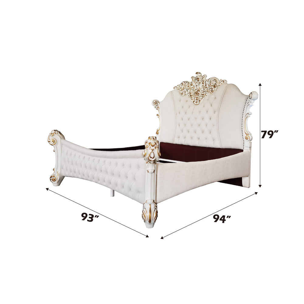 Rococo Vendome Eastern King Ivory Fabric Bed – Antique Pearl Finish, Carved Accents