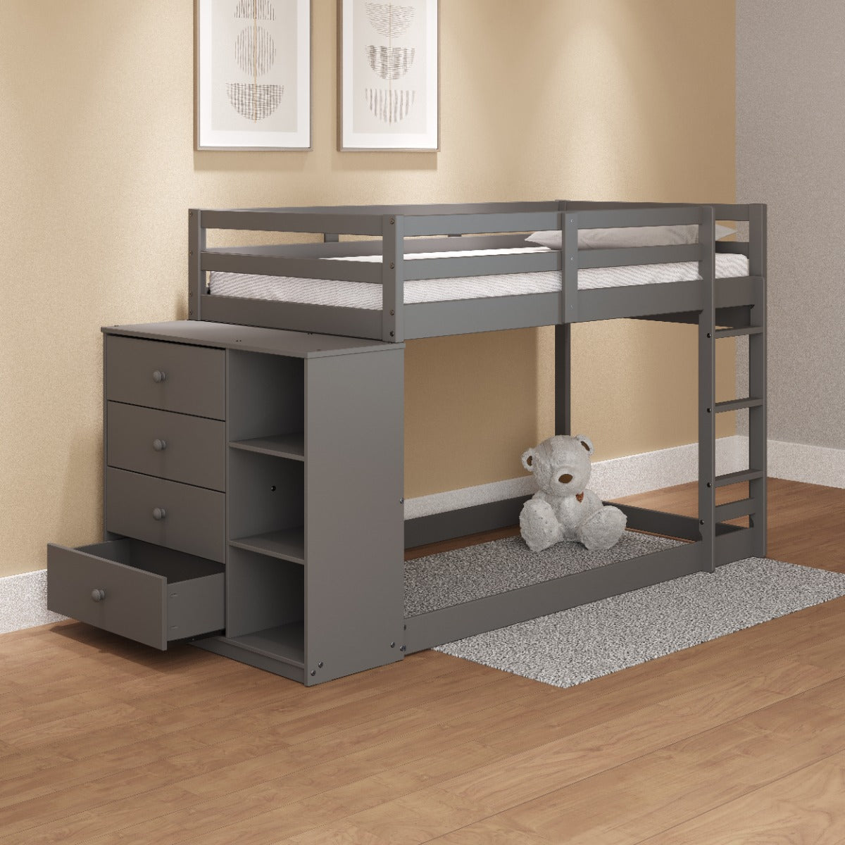 Nastik Gaston Gray Wood Bunk Bed T/T With Drawers, Compartments & Ladder