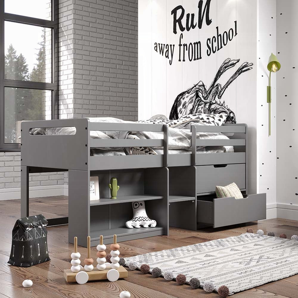Karan Fabiana Twin Gray Wood Loft Bed – Space-Saving Design with Storage Drawers