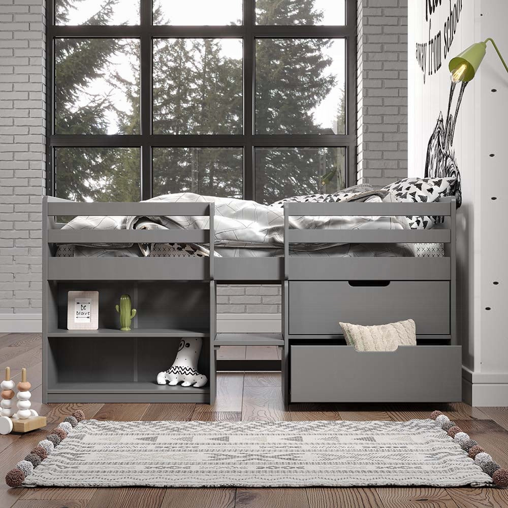 Karan Fabiana Twin Gray Wood Loft Bed – Space-Saving Design with Storage Drawers