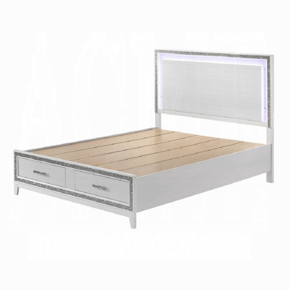 Tubro Haiden Queen White Padded Storage Platform Bed – Glamorous Design with LED Headboard & Drawer Storage