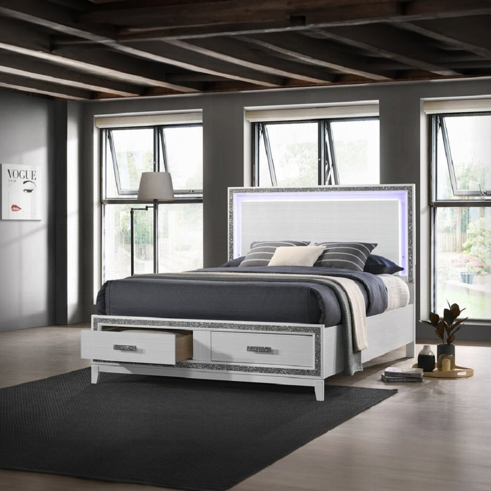 Tubro Haiden Queen White Padded Storage Platform Bed – Glamorous Design with LED Headboard & Drawer Storage