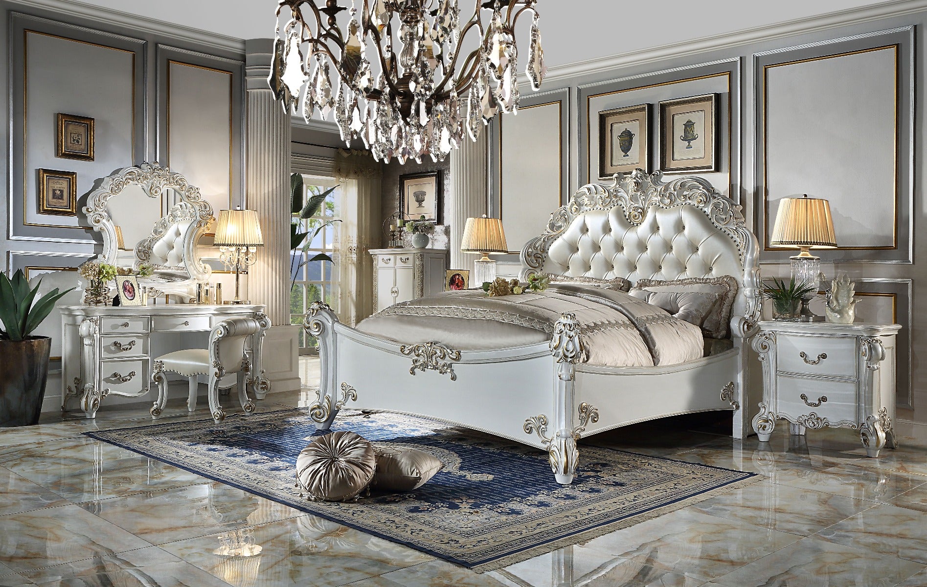 Rangnath Vendome Cal King Antique Pearl Synthetic Leather Bed – Baroque Style with Tufted Headboard