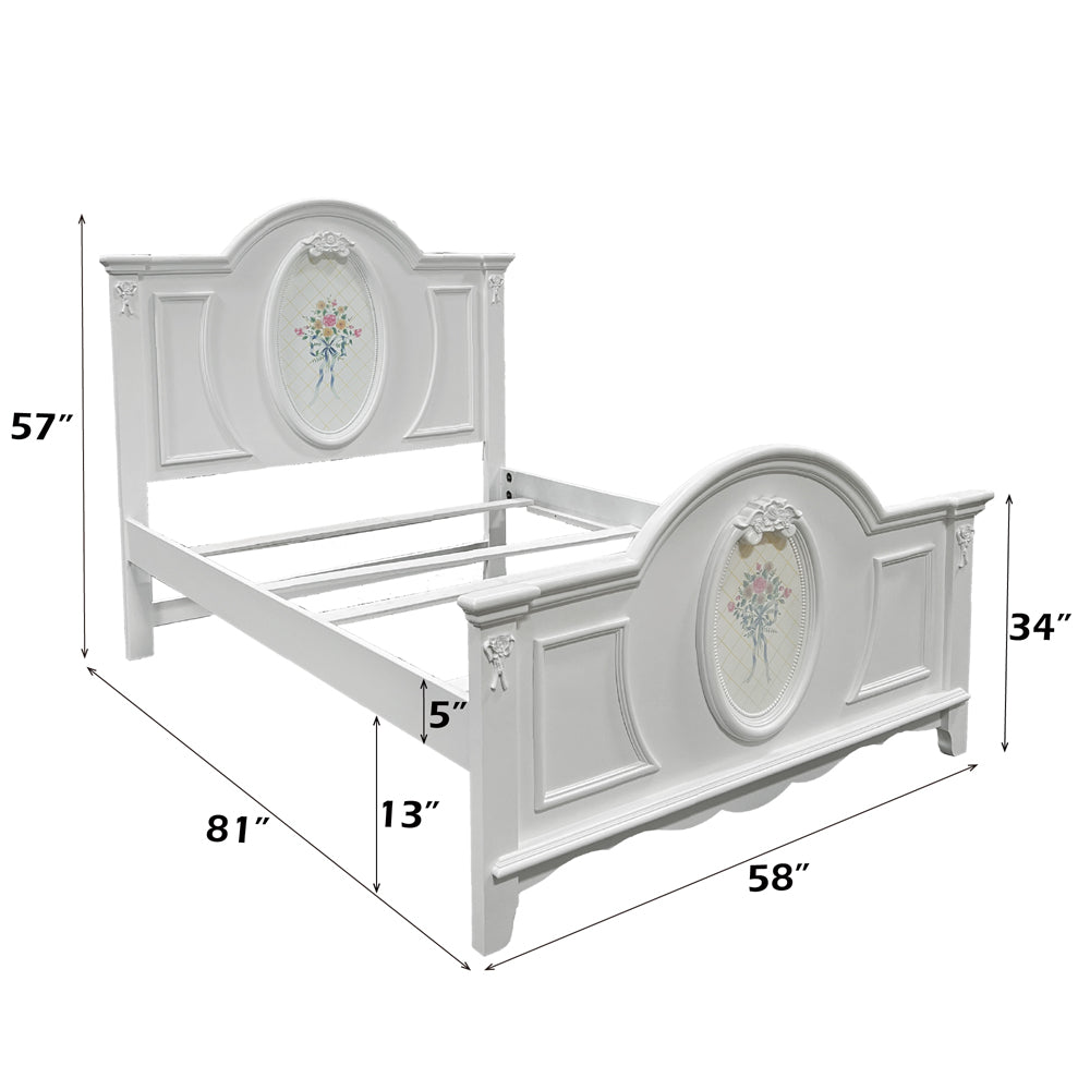 Luciano Flora Collection Full Bed in White Finish – Minimalist Style Wooden Bedframe