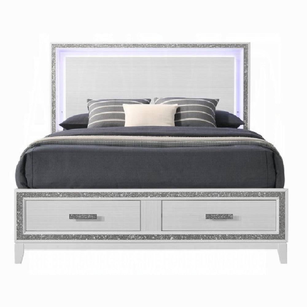 Harlow Haiden Eastern King White Storage Bed – Contemporary LED Wood Platform Bed with Silver Accent Trim