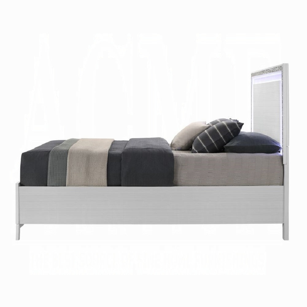 Harlow Haiden Eastern King White Storage Bed – Contemporary LED Wood Platform Bed with Silver Accent Trim
