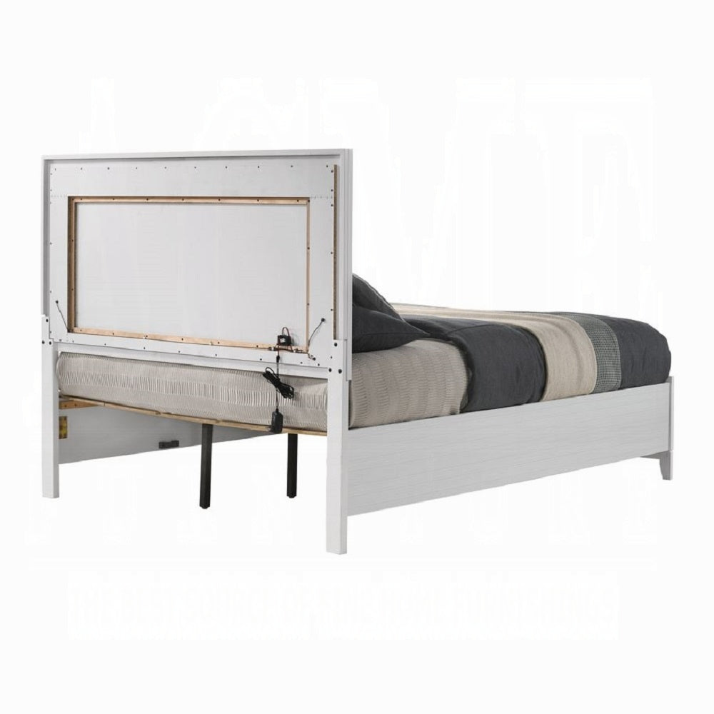 Harlow Haiden Eastern King White Storage Bed – Contemporary LED Wood Platform Bed with Silver Accent Trim
