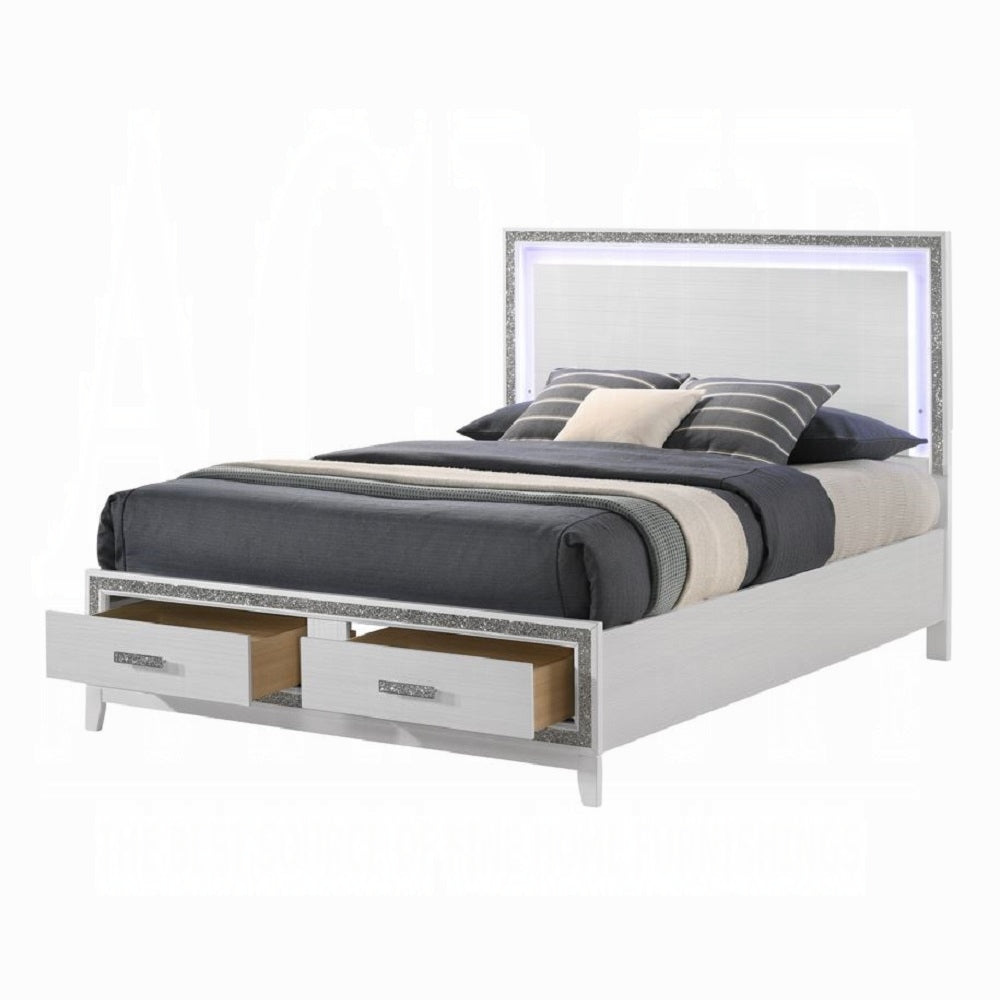 Harlow Haiden Eastern King White Storage Bed – Contemporary LED Wood Platform Bed with Silver Accent Trim