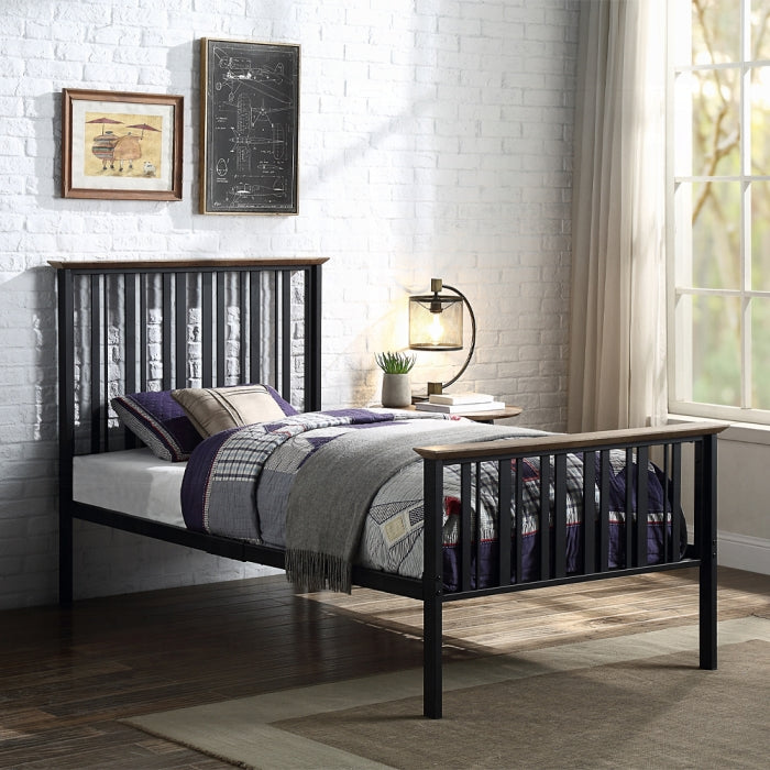 Spuma Zudora Twin Antique Oak Black Finish Metal Frame Bed – Rustic Industrial Design with Weathered Wood Trim